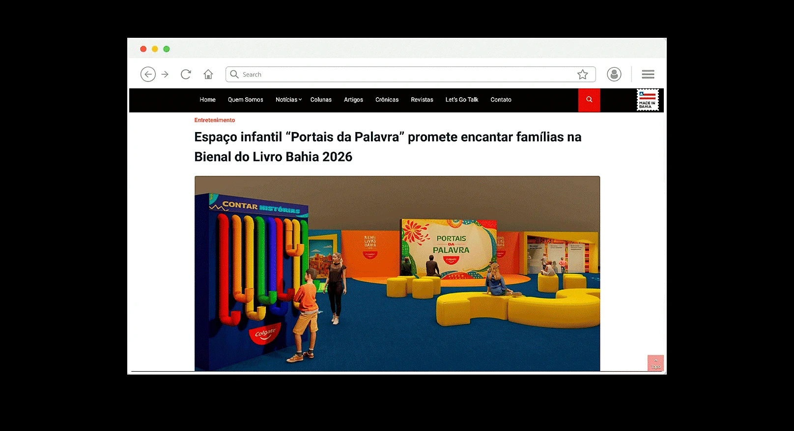 Matéria sobre o Espaço Infantil Portais da Palavra na Bienal do Livro Bahia 2026