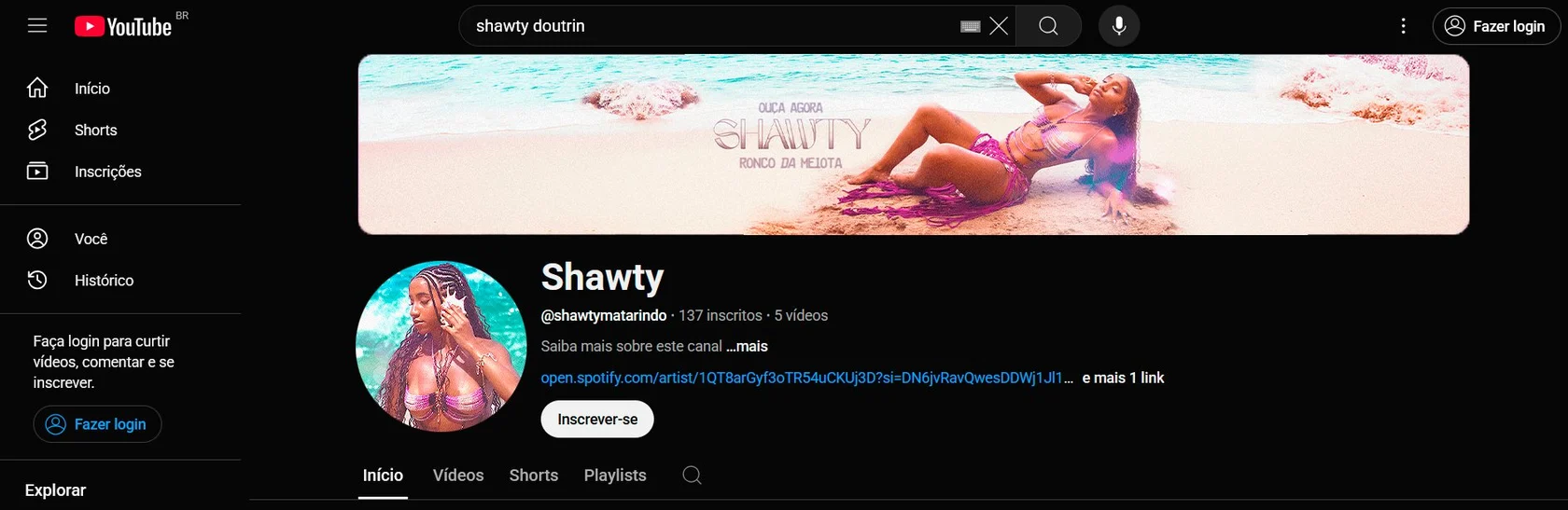 Canal da Shawty no YouTube com o banner Ouça agora Shawty, Ronco da Meiota