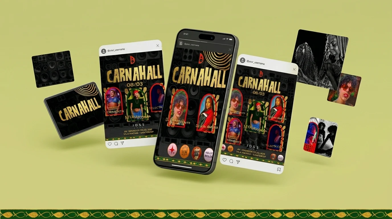 Mockup de social media do Dancehall Ka’aysarà em celulares