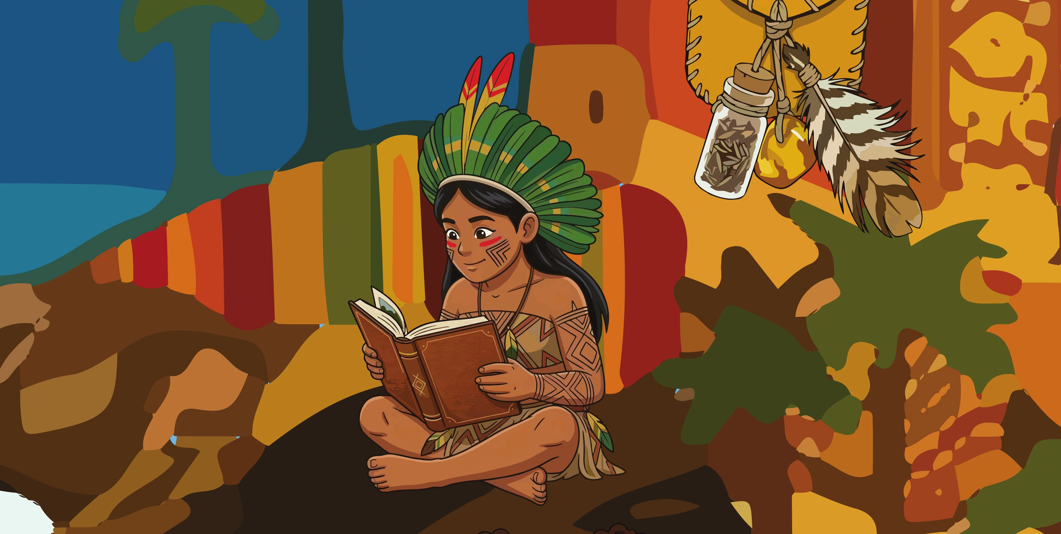 Ilustração da Bienal: menina indígena lendo um livro