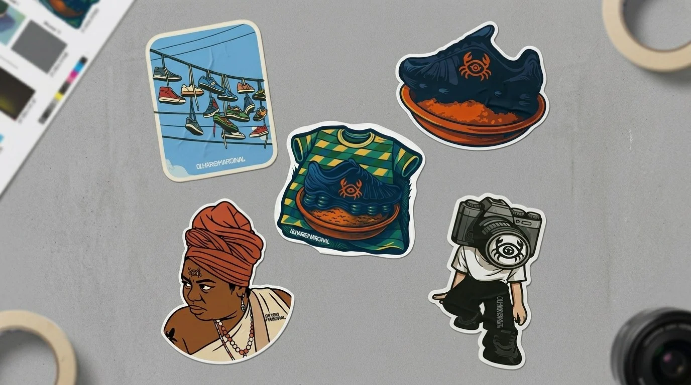 Adesivos do Olhar Marginal: tênis no fio, tênis na feijoada, camiseta, retrato e personagem com câmera