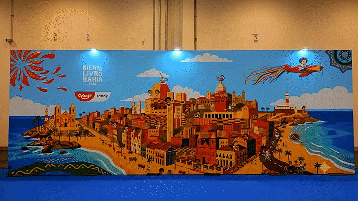 Painel ilustrado da Bienal do Livro da Bahia 2026 com a cidade de Salvador