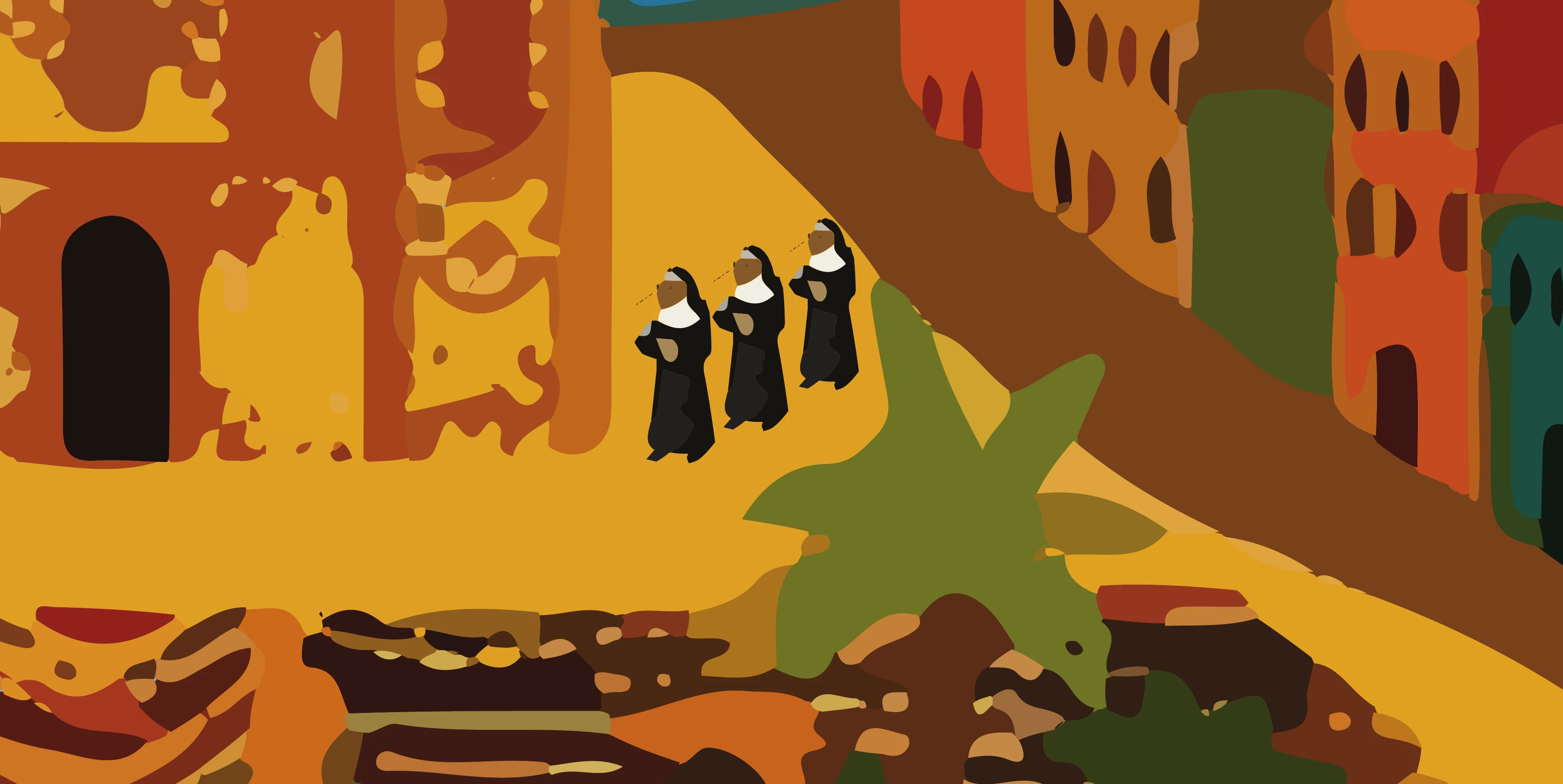 Ilustração da Bienal: freiras caminhando pela ladeira do Pelourinho
