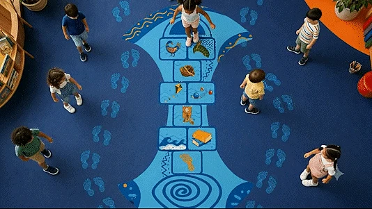 Espaço infantil da Bienal do Livro da Bahia: crianças brincando sobre o piso de amarelinha