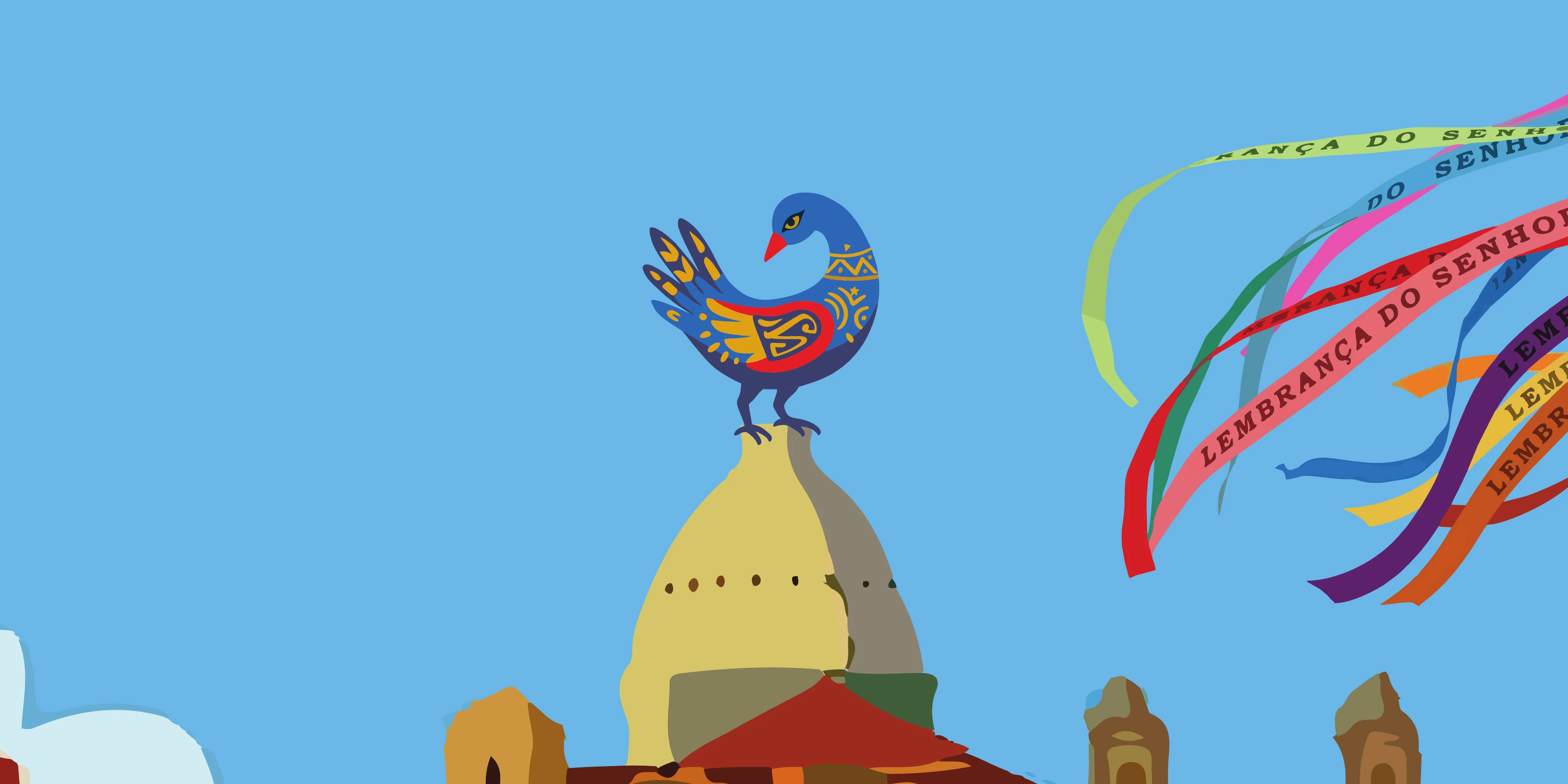 Ilustração da Bienal: pássaro sobre a cúpula e fitas do Bonfim