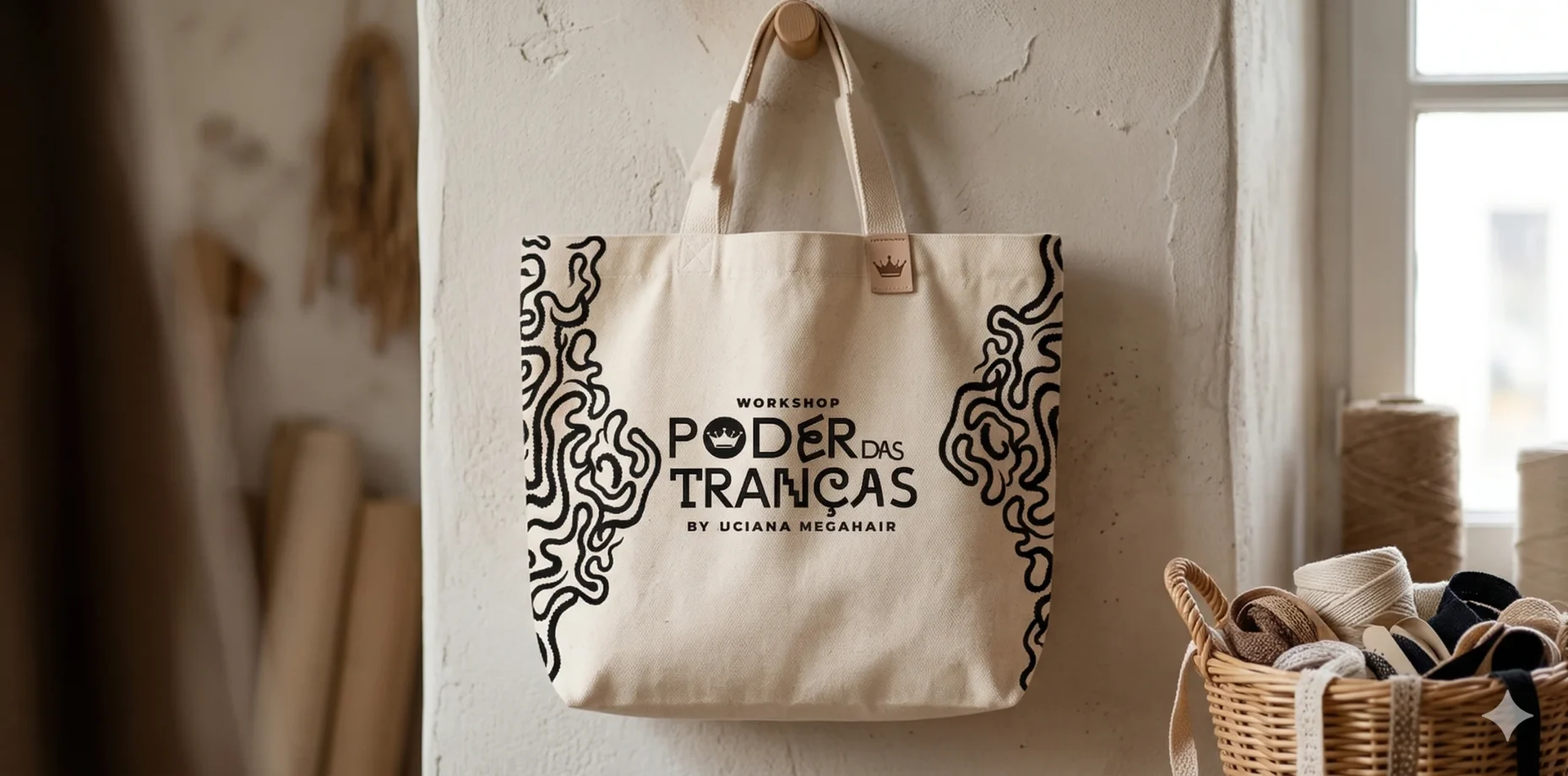 Mockup de ecobag com a marca do workshop O Poder das Tranças