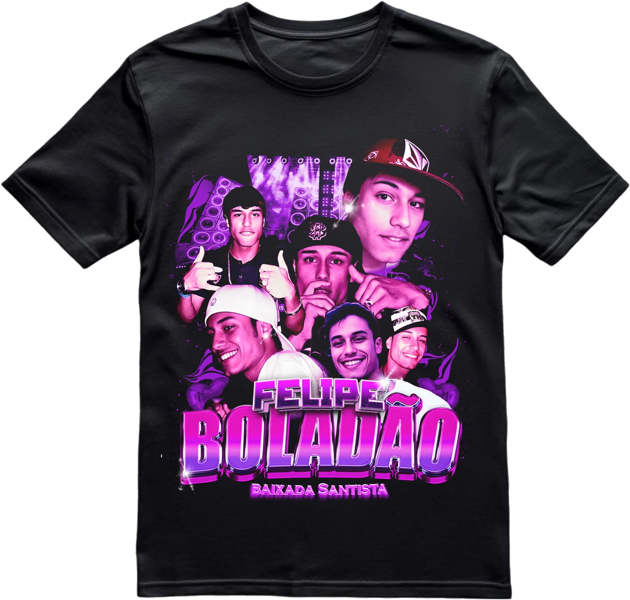 Camisa preta com a arte Felipe Boladão, Baixada Santista, em lilás e rosa