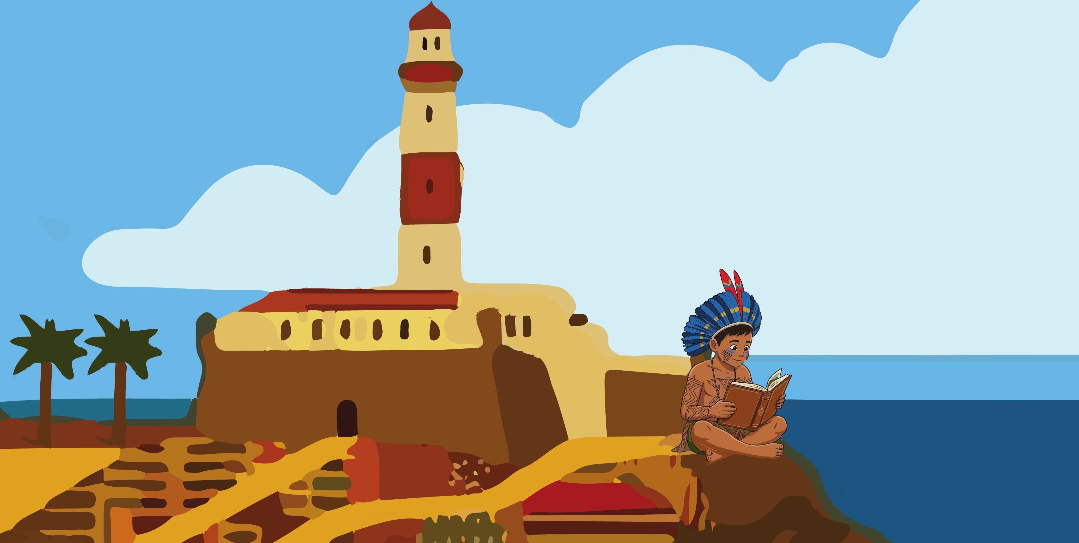 Ilustração da Bienal: menino indígena lendo diante do Farol da Barra